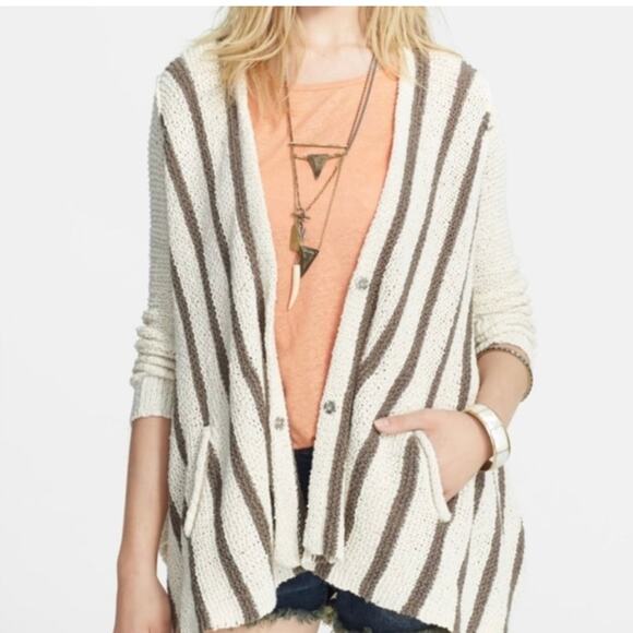 Free People Cream and Brown Striped Cardigan Sweater Women's Size Medium - Picture 10 of 10
